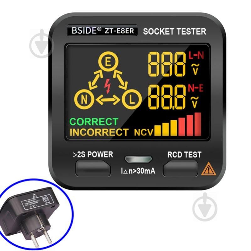 Тестер розеток цифровой BSIDE ZT-E8ER, с функцией бесконтактного индикатора напряжения (100756) Тестер розеток цифровой BSIDE ZT-E8ER, с функцией бесконтактного индикатора напряжения (100756)