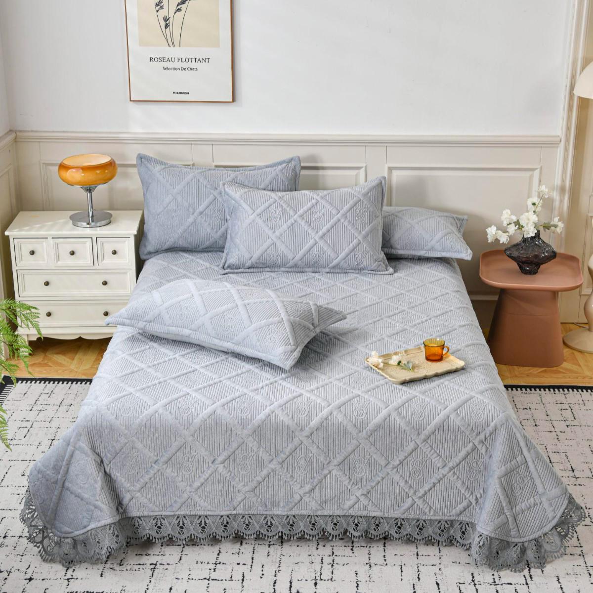 Покривало та 2 наволочки велюрове Koloco євро 230х250 см Світло-сірий (40400) - фото 1