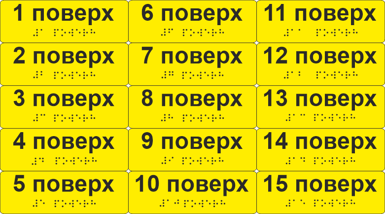 Комплект наклеек тактильных со шрифтом Брайля "1-15 поверх" 120х40 мм Желтый (33687039)