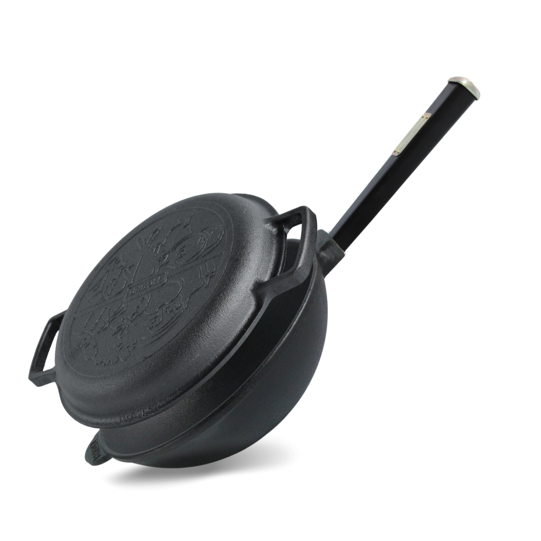 Сковорода чугунная с деревянной ручкой Black и чугунной крышкой-сковородой WOK 2,2 л