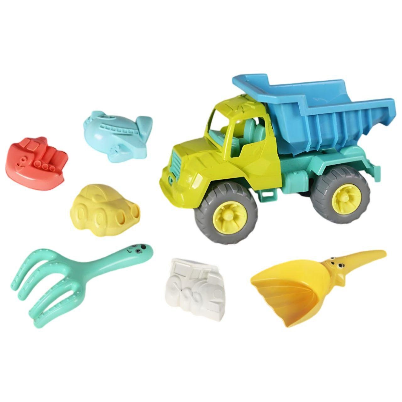 Набор для песочницы KZ 6438A-2 самосвал/лопатка/грабли и 4 яркие формочки (26919087)