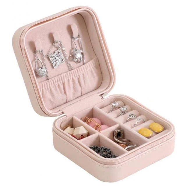 Шкатулка для украшений компактная из экокожи на молнии 10х10х5 см Пудровый (ШДД-5-4)