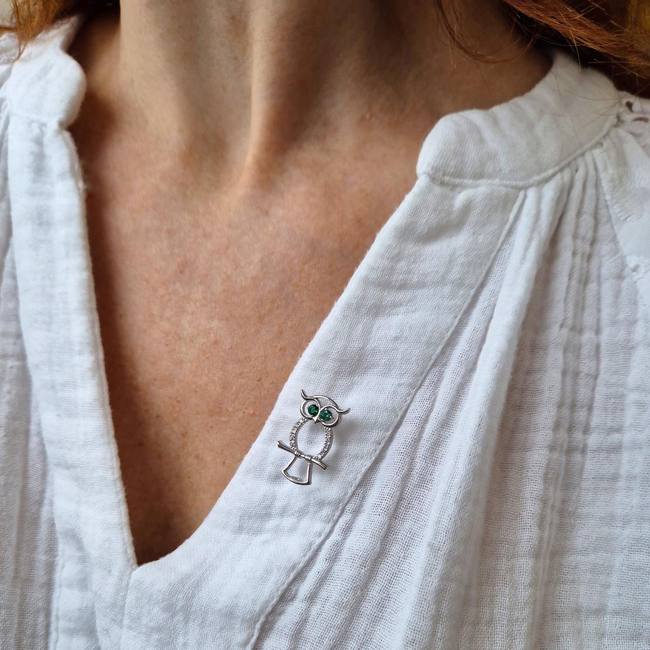 Срібна брошка Сова із Зеленими очима 925 проби родоване 1,80 г (7048r) - фото 6