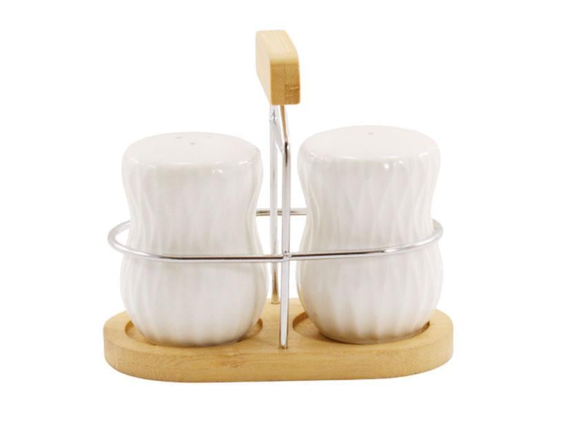 Набор емкостей для специй фарфоровых Grazie солонка и перечница на деревянной подставке Белый (PJ03807)
