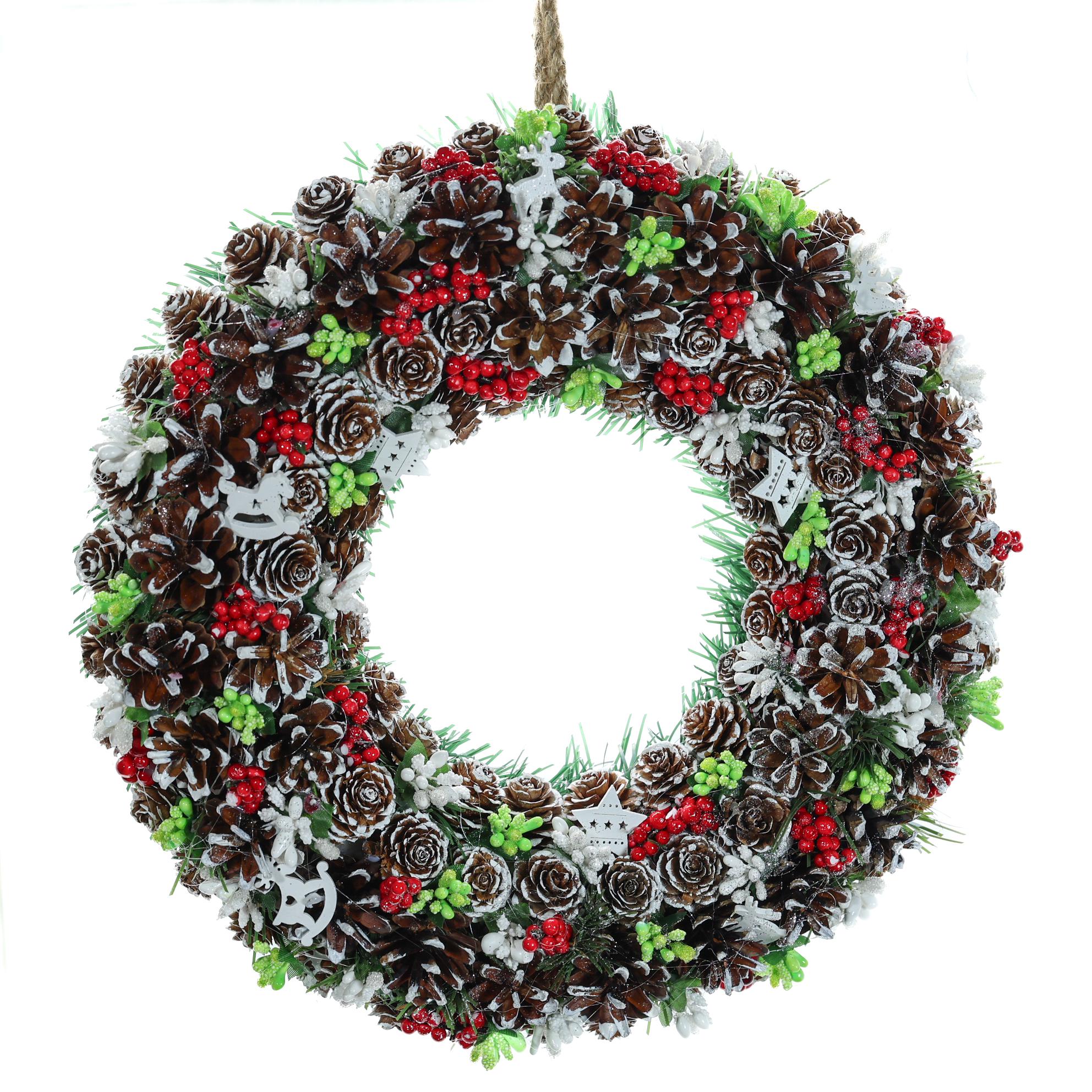 Рождественский венок из шишек ягод и тычинок 33 см Красный (В3007/1)