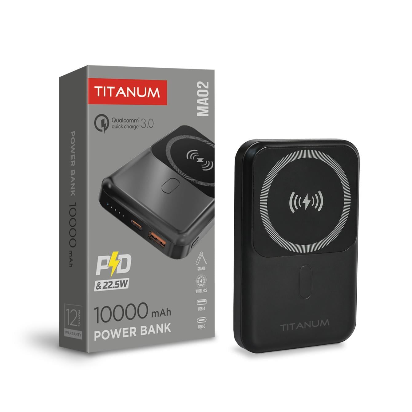 Повербанк с беспроводной зарядкой Titanum MA02 22,5W 10000 mAh Black (VX28286)