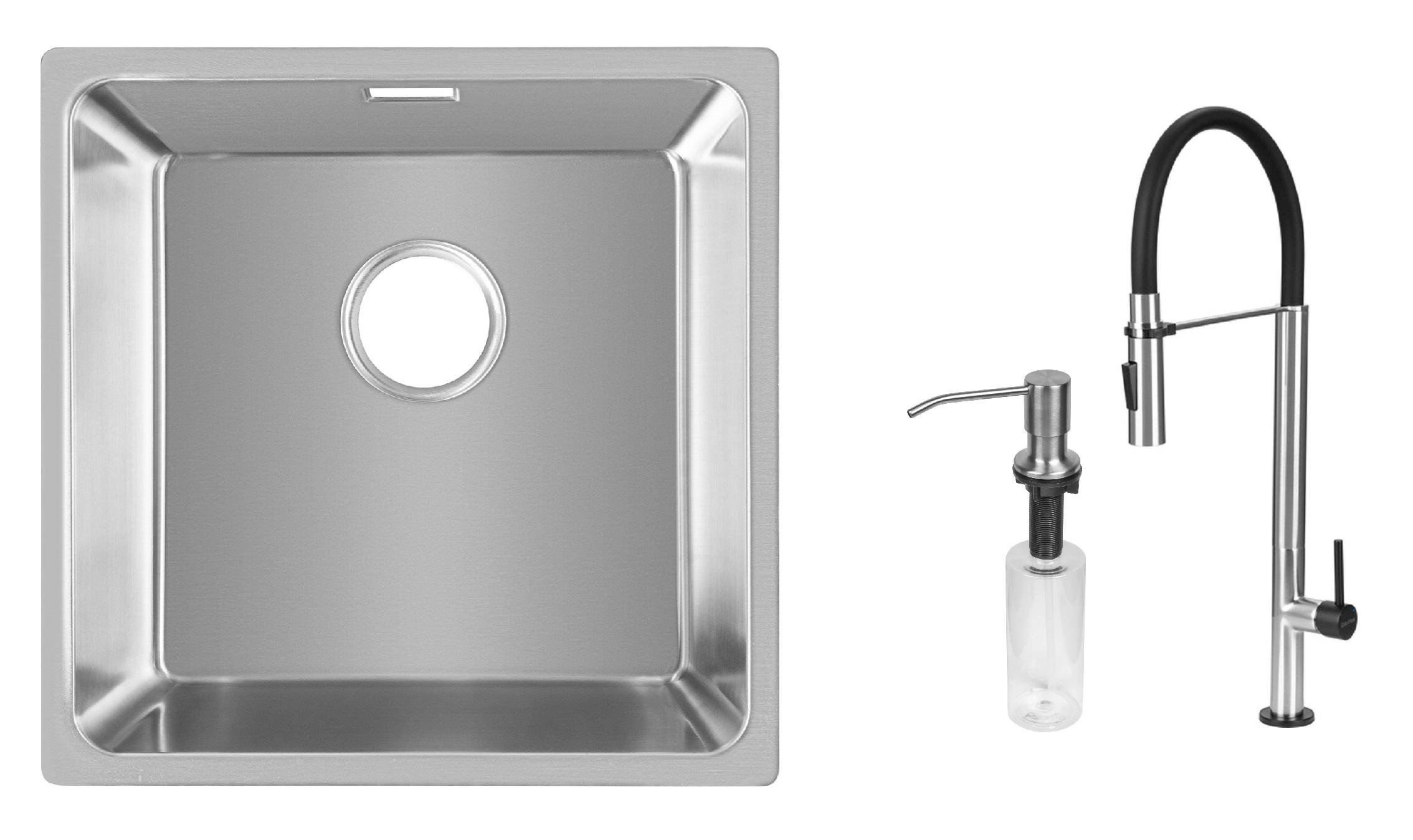 Комплект из кухонной мойки Gunter&Hauer Felda 4420 IX кухонного смесителя Gunter&Hauer STERN Brush Black и дозатора Gunter&Hauer SOAP DISPENSER Inox
