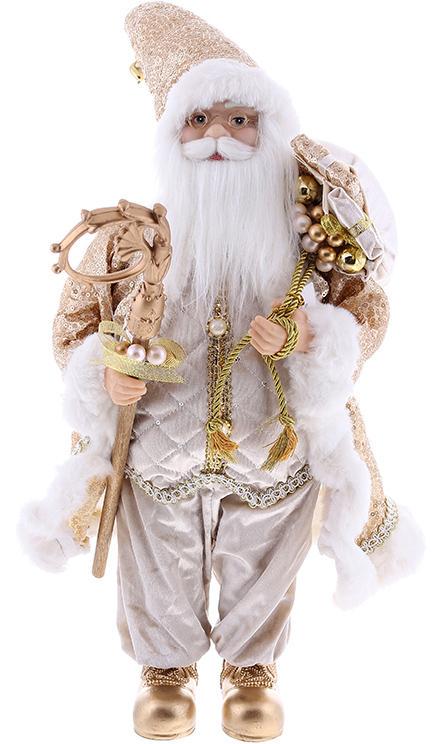 Фігура новорічна Санта Клаус з Подарунки та Посохом 45 см шампань з паєтками
