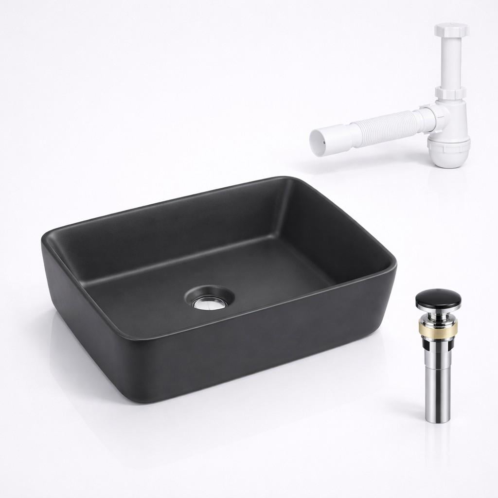 Комплект для ванной Qtap Tern накладная раковина 480х370 мм Anthracite с донным клапаном и сифон для умывальника