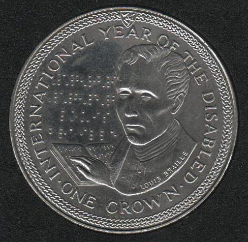Коллекционная монета Остров Мэн 1 крона 1981 Луи Брайль UNC (KM#77)