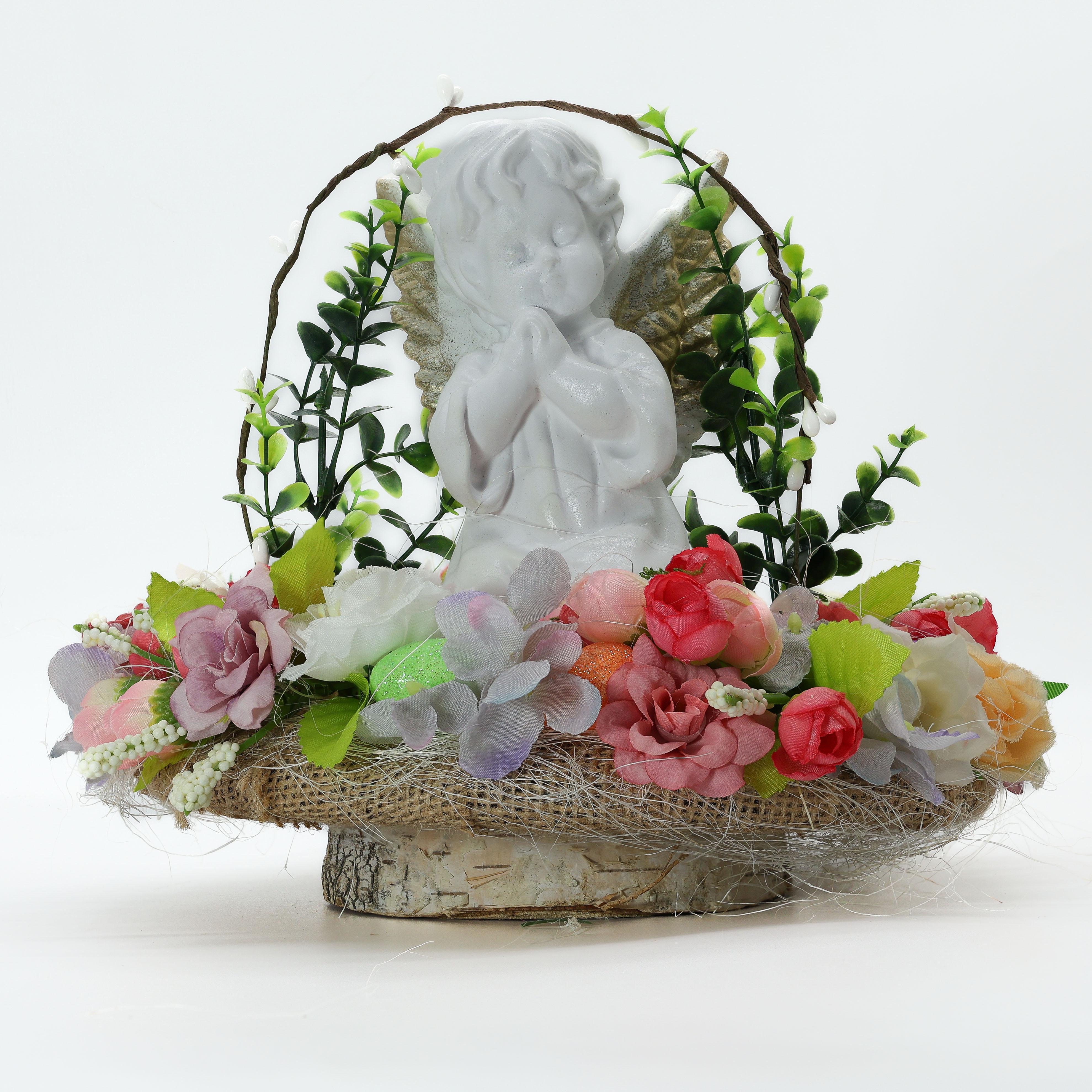 Композиция GALA DECOR из искусственных цветов и гипсового ангела на березовом спиле (КА2520В) Композиция GALA DECOR из искусственных цветов и гипсового ангела на березовом спиле (КА2520В)