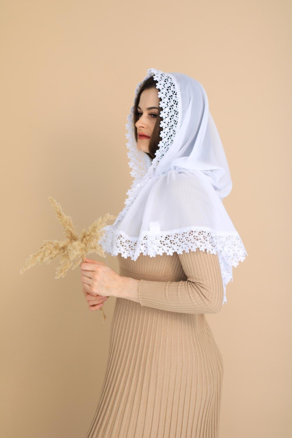 Палантин для храма на голову 80x120 см Белый (п016) - фото 6 Палантин для храма на голову 80x120 см Белый (п016) - фото 6