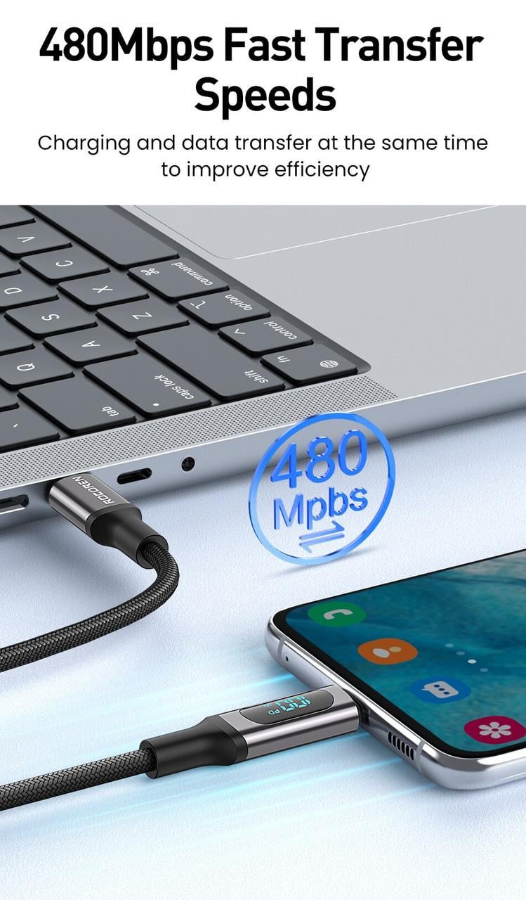 Кабель Rocoren Type-C PD 100W Fast Charge з дисплеєм (25397335) - фото 4