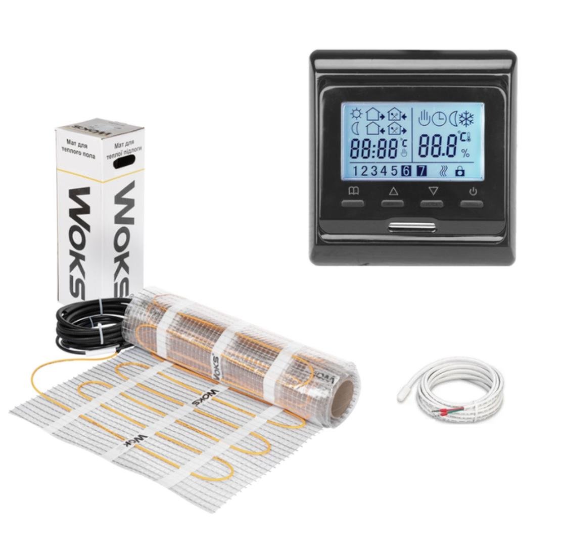 Мат під плитку двожильний WoksMat/160 800 Вт 5 кв. м в комплекті з програмованим терморегулятором Black (8907)