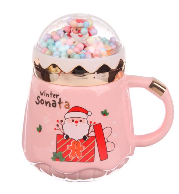 Кружка новогодняя Santa с ложкой керамика 400 мл Розовый (414811)