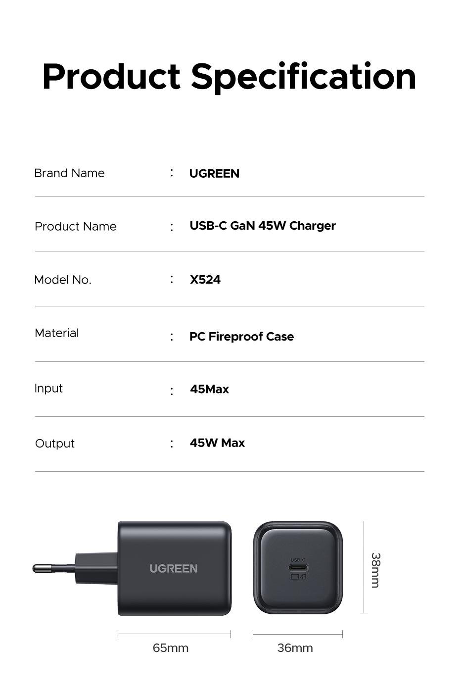 Зарядное устройство Ugreen Gan 45w GAN PD USB-C (28337172) - фото 10 Зарядное устройство Ugreen Gan 45w GAN PD USB-C (28337172) - фото 10