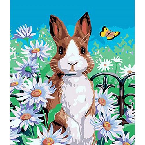 Картина за номерами Strateg Преміум Кролик у ромашках з лаком та рівнем 30x40 см (Str-SS1002)