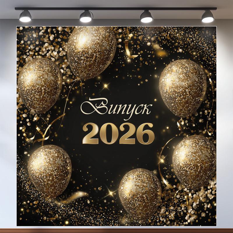 Баннер для фотозоны "Випуск 2026" черный с золотистыми блестящими шариками и конфетти 160x160 см №41074 Баннер для фотозоны "Випуск 2026" черный с золотистыми блестящими шариками и конфетти 160x160 см №41074