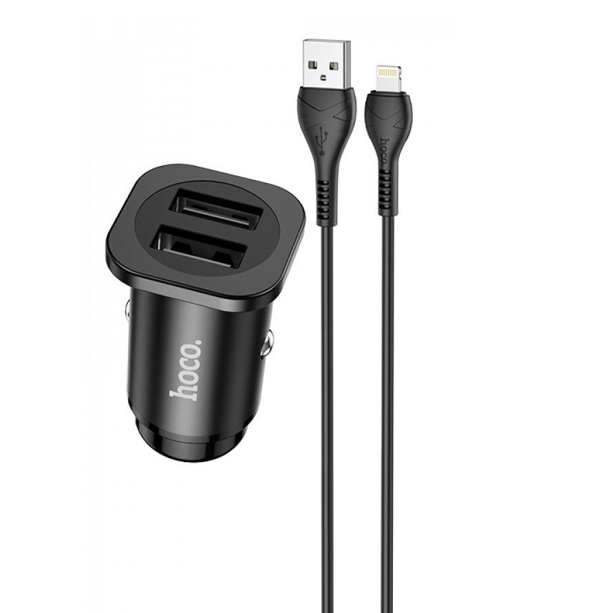 Адаптер автомобільний Hoco Lightning Cable Wise Road Dual Port Car Charger Set NZ4 Black (5f5d3162)