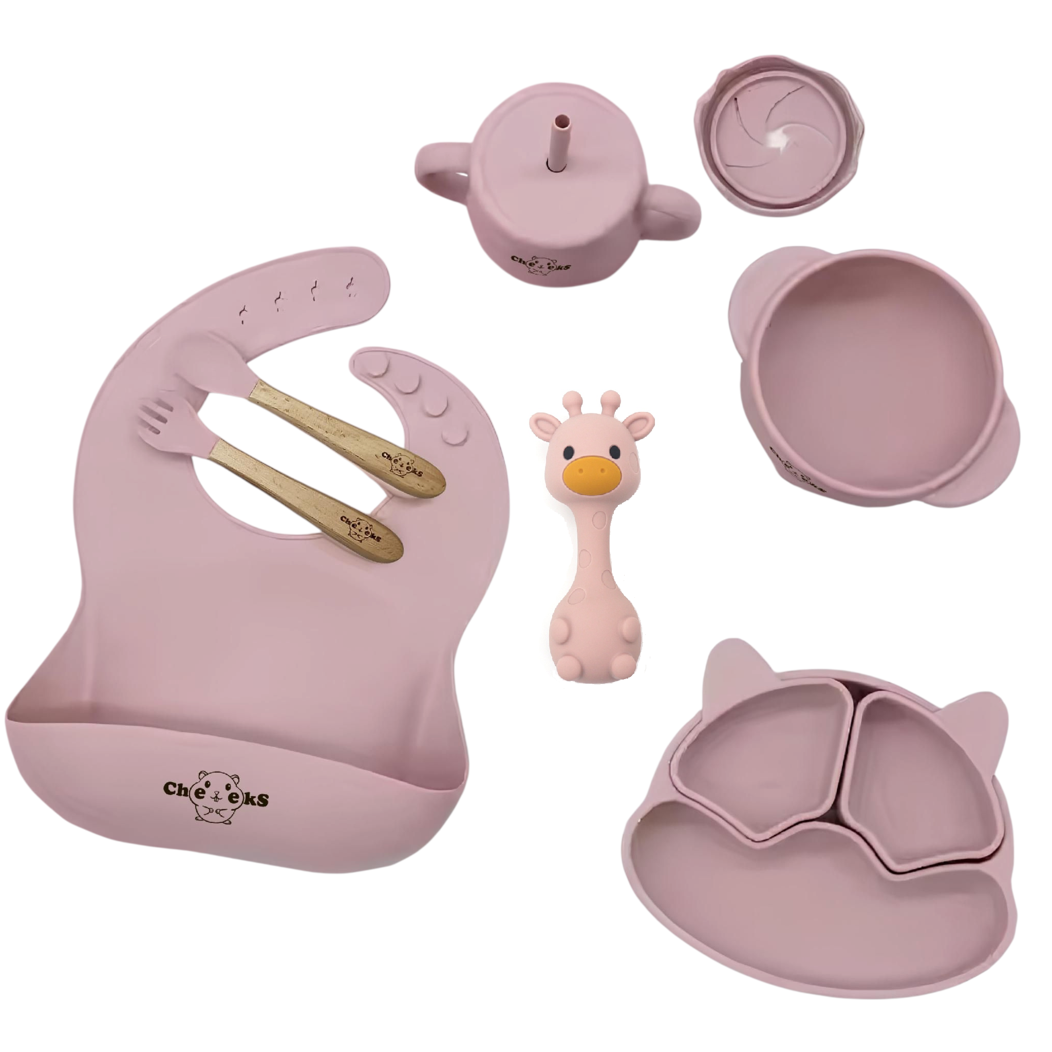 Набір дитячого посуду Cheeks Жираф з прорізувачем/брязкальцем Рожевий (31766960)