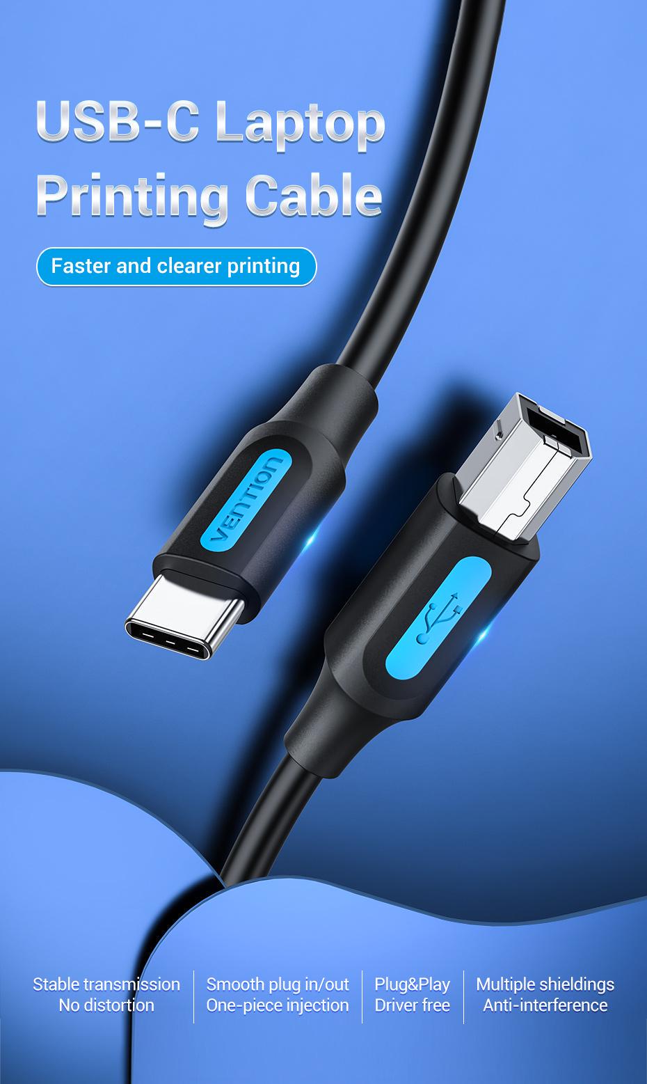 Кабель для принтера Vention Type-C-USB Type-B 2.0 5V/2A 480 Мбіт/с USB-C на USB-B 1 м Чорний (CQUBF) - фото 2