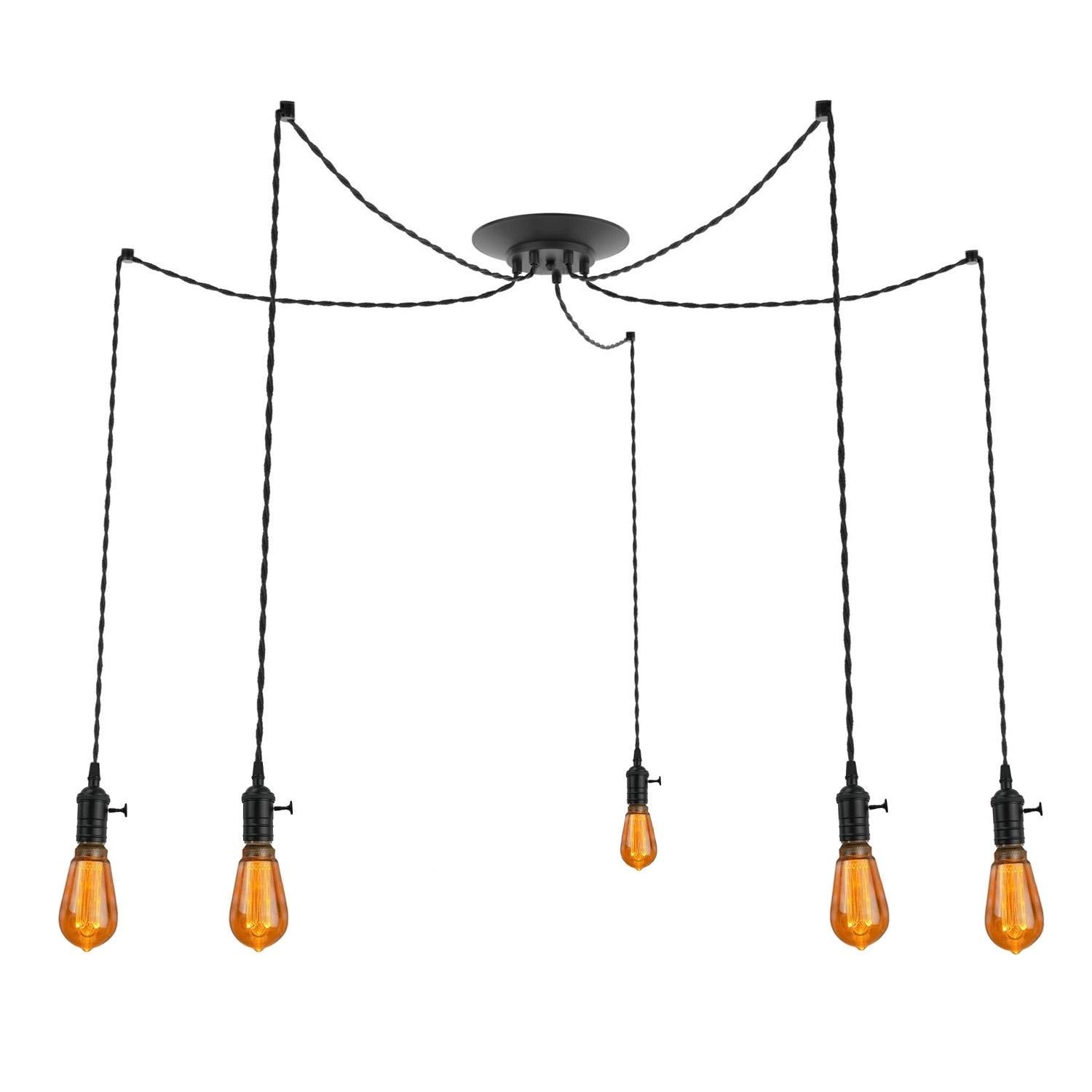 Люстра-паук в стиле лофт на 5 ламп с витым проводом и латунными патронами с выключателем Черный