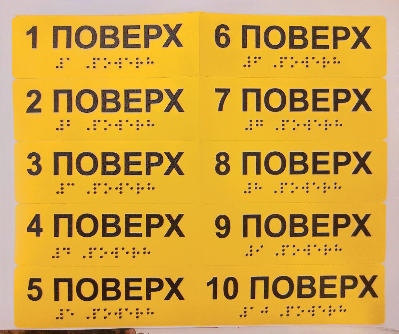 Комплект тактильних наклейок Брайля зі шрифтом Номер поверху от 1-10 160х40 мм Жовтий (В-00041)