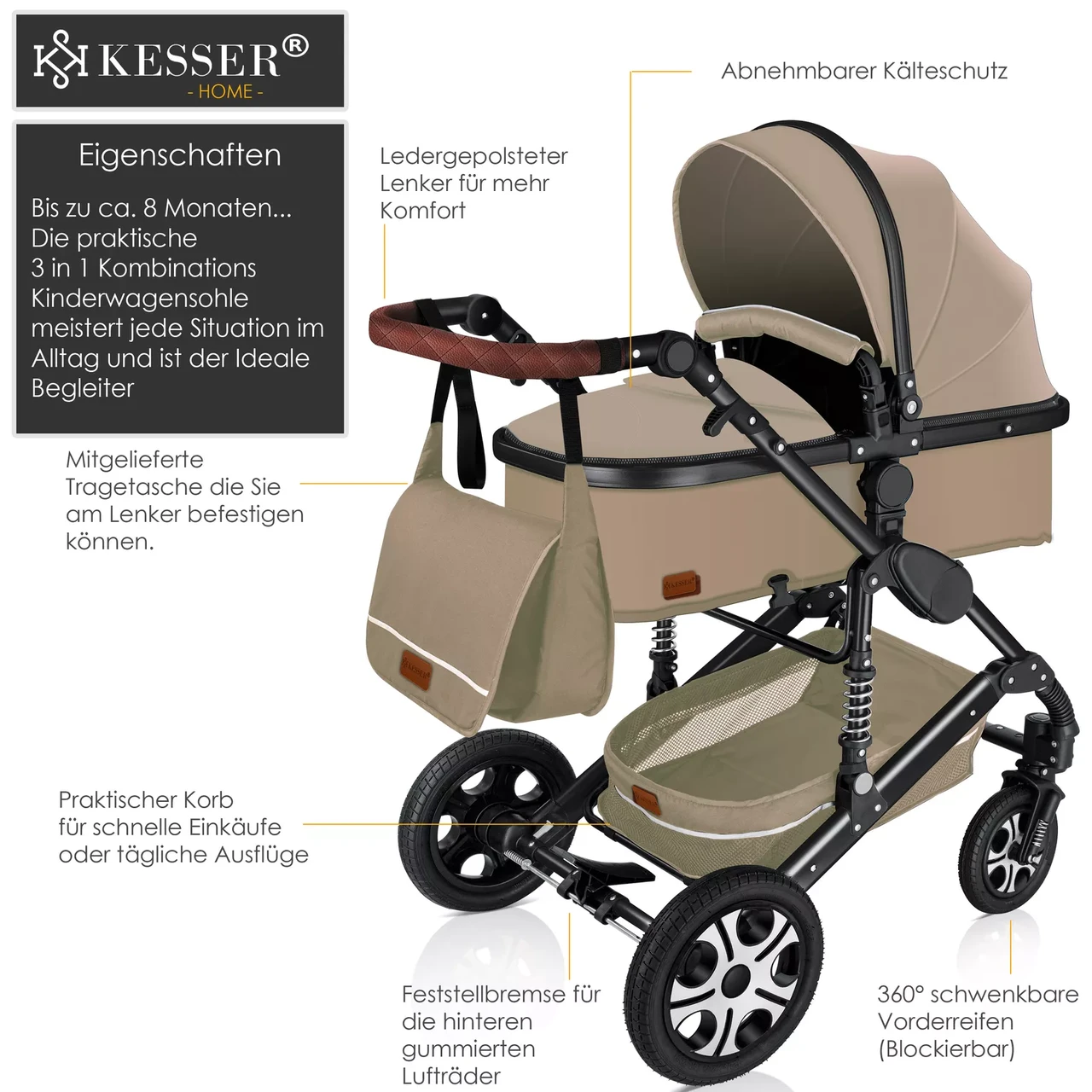 Коляска дитяча з автокріслом KESSER 3в1 94x64x119 см Бежевий/Чорний - фото 2