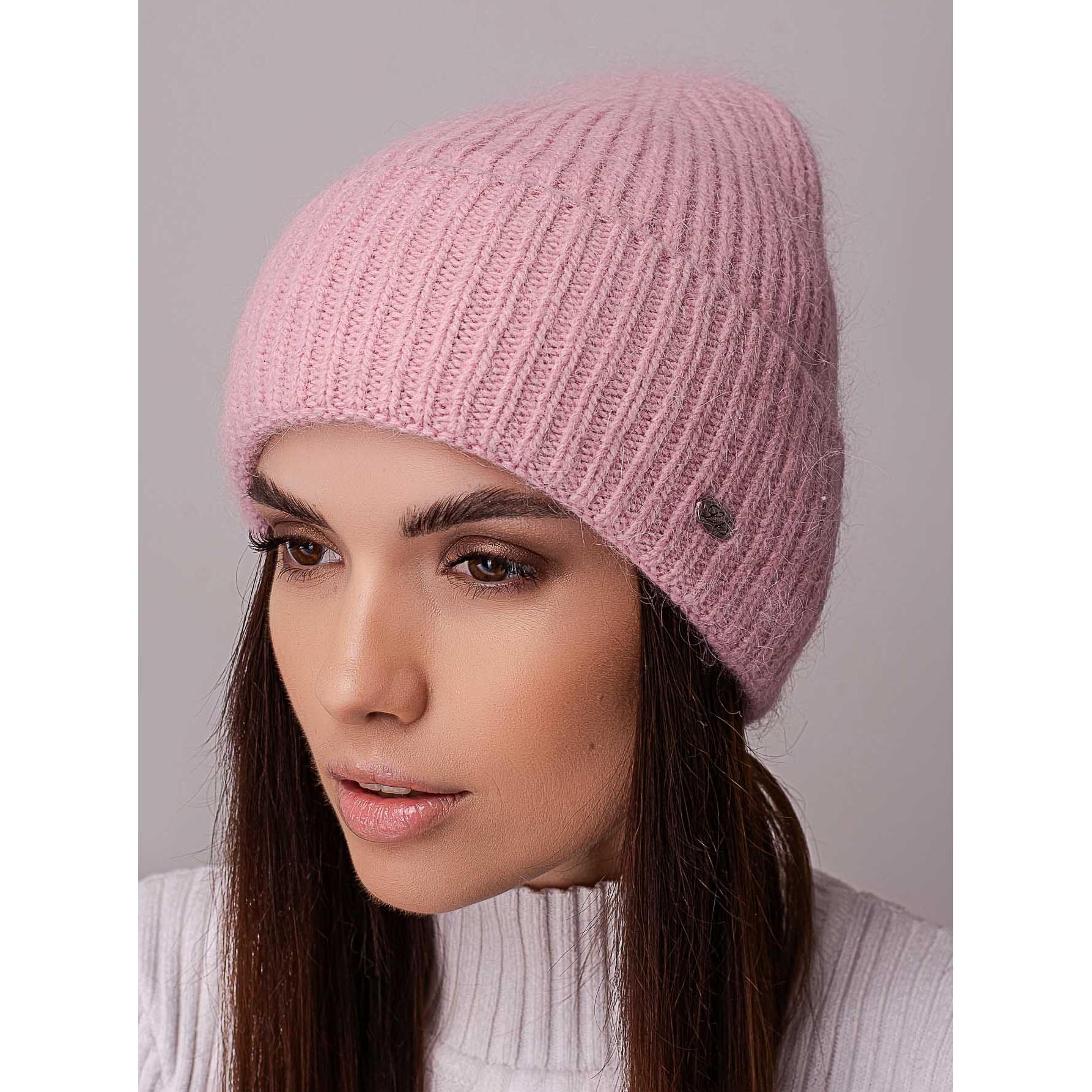 Шапка ангоровая Leks ТРЮФЕЛЬ в рубчик с отворотом утепленная флисом one size Розовый рассвет (205098) - фото 1