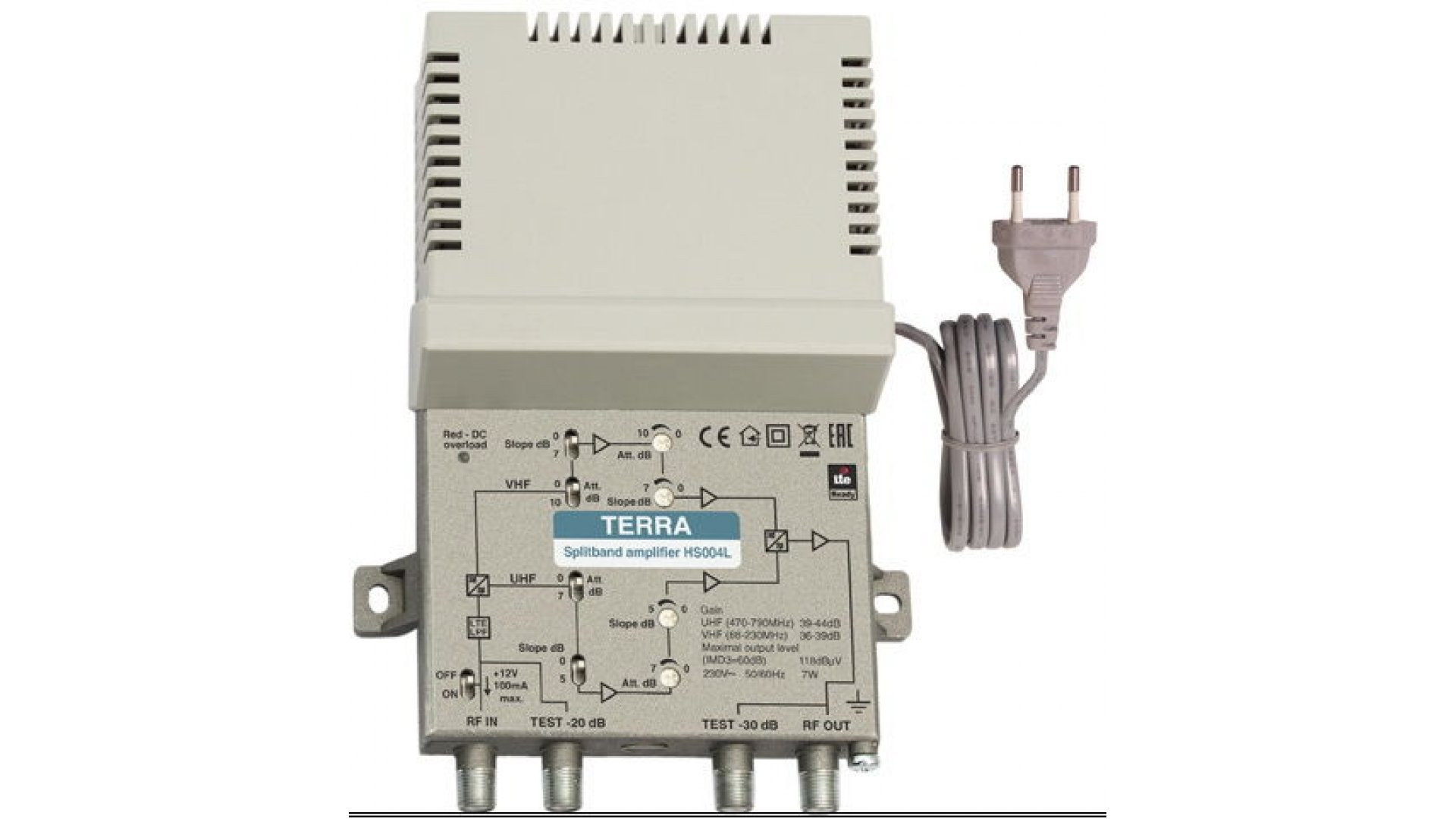 Підсилювач телевізійного сигналу Terra HS004 будинковий з розщепленням діапазону (02570)