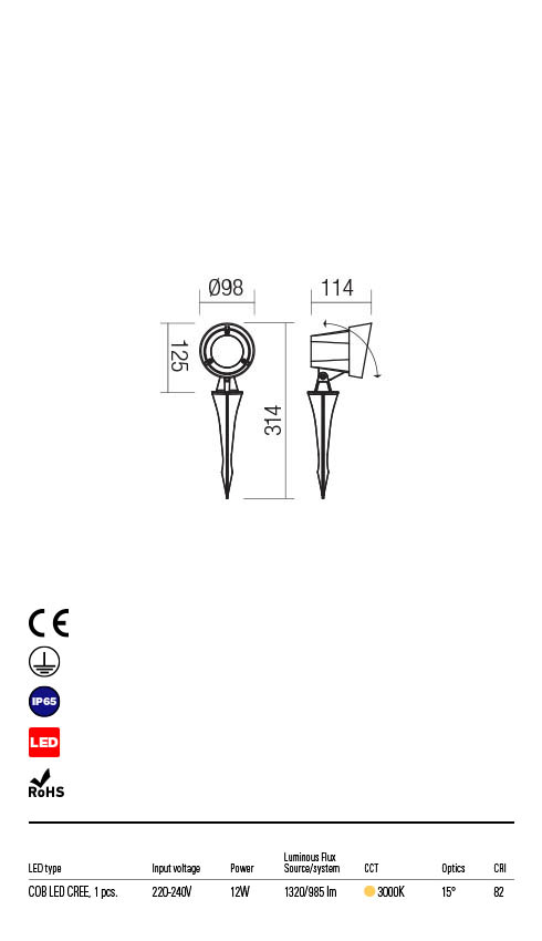 Світильник ландшафтний Redo Ziggy Pr LED Cob 12 W Ip65 Dg 3000K 5.1.2 (90110) - фото 3