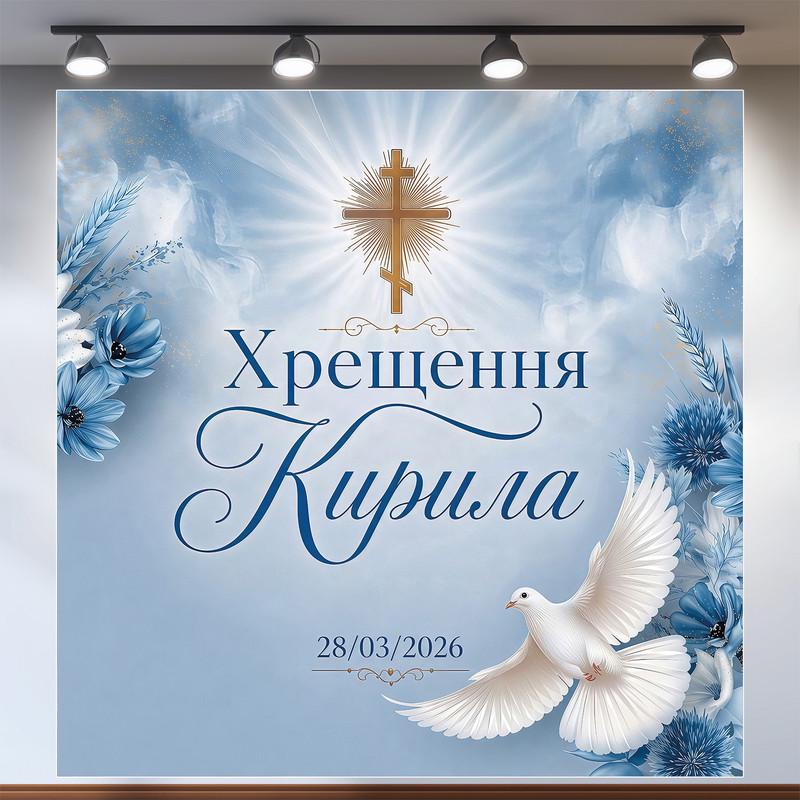 Фотозона на крещение мальчика голубая с золотым крестом и белым голубем 120х120см, №48024 Фотозона на крещение мальчика голубая с золотым крестом и белым голубем 120х120см, №48024