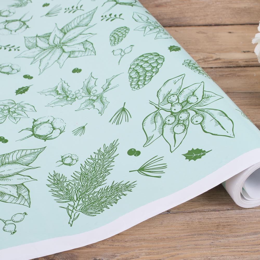 Подарочная бумага новогодняя Зеленая пуансетия на зеленом 70 см х 10 м (3832-89)