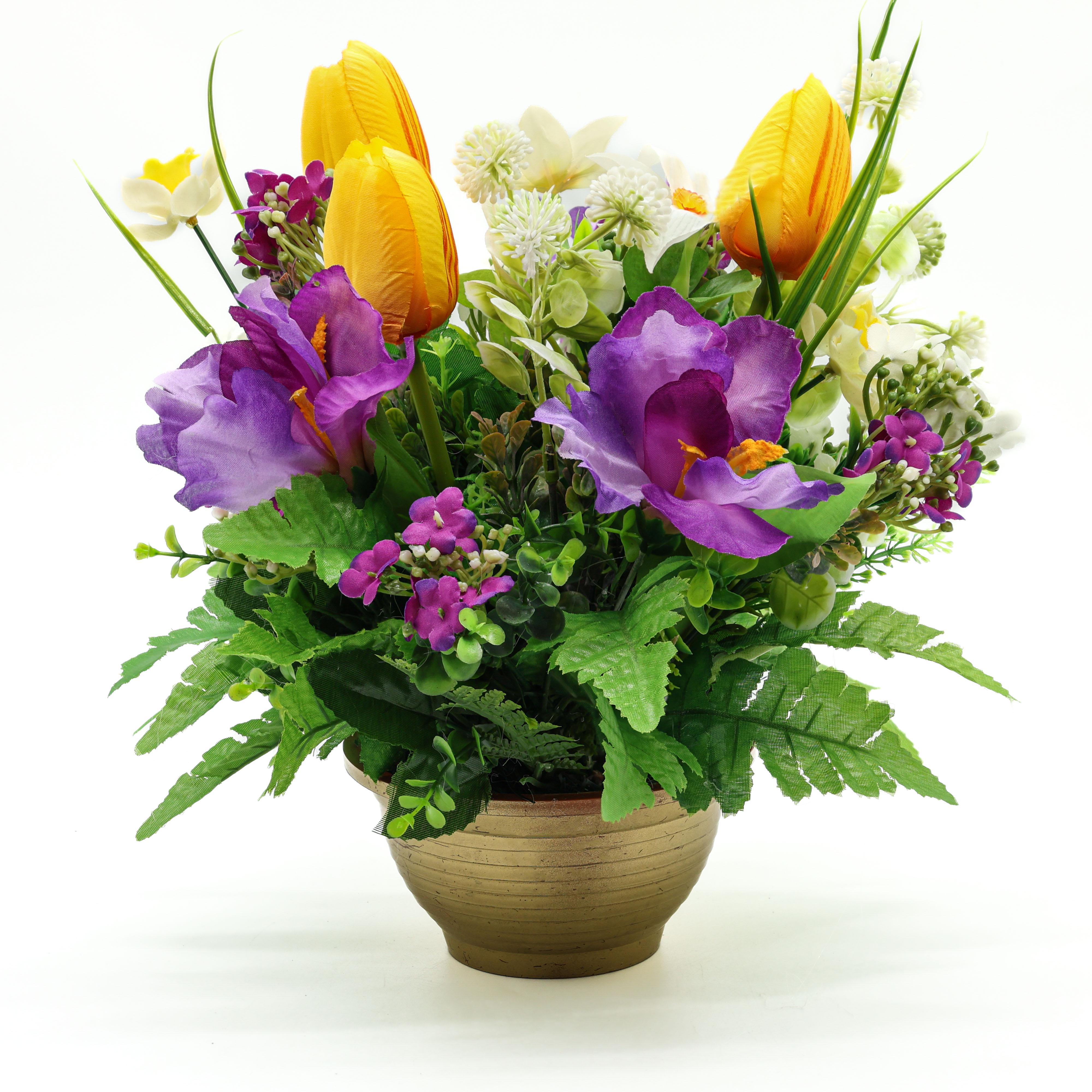 Композиция из искусственных цветов в золотистом кашпо (КБ2025/С)