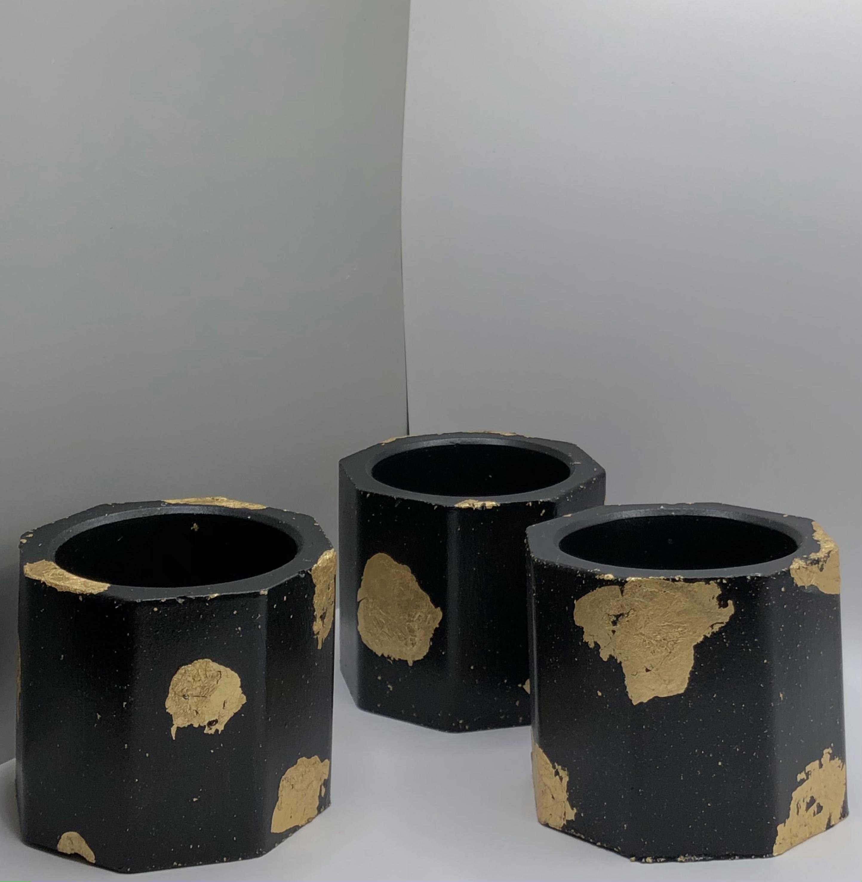 Кашпо гіпсове для свічок та рослин 4,7 см Чорний з паталлю - фото 2