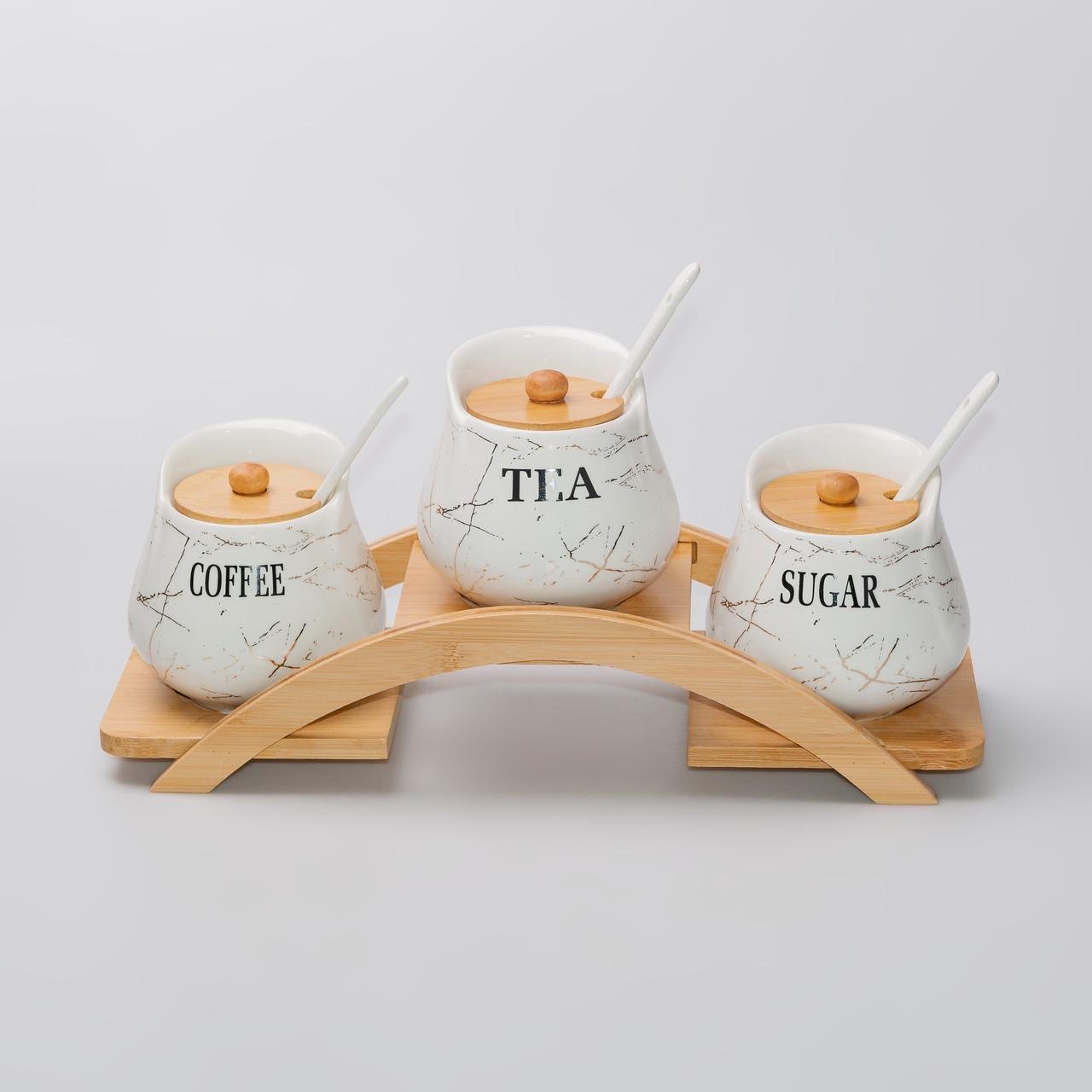 Набор банок для сыпучих продуктов 3 шт. по 500 мл на бамбуковой подставке Белый