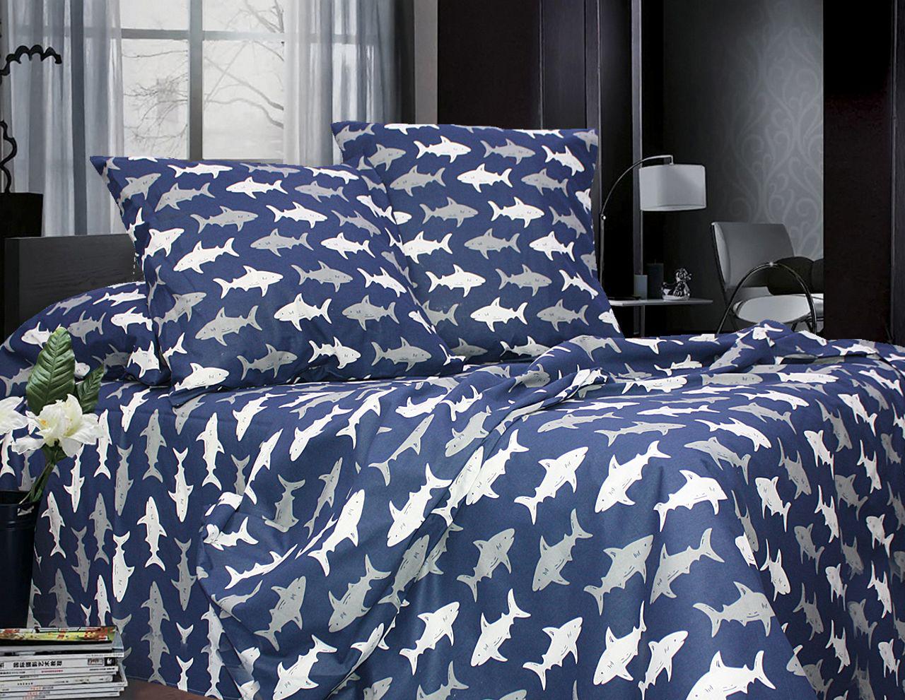 Комплект постельного белья Еней-плюс Т0697 евро Синий/Белый/Серый