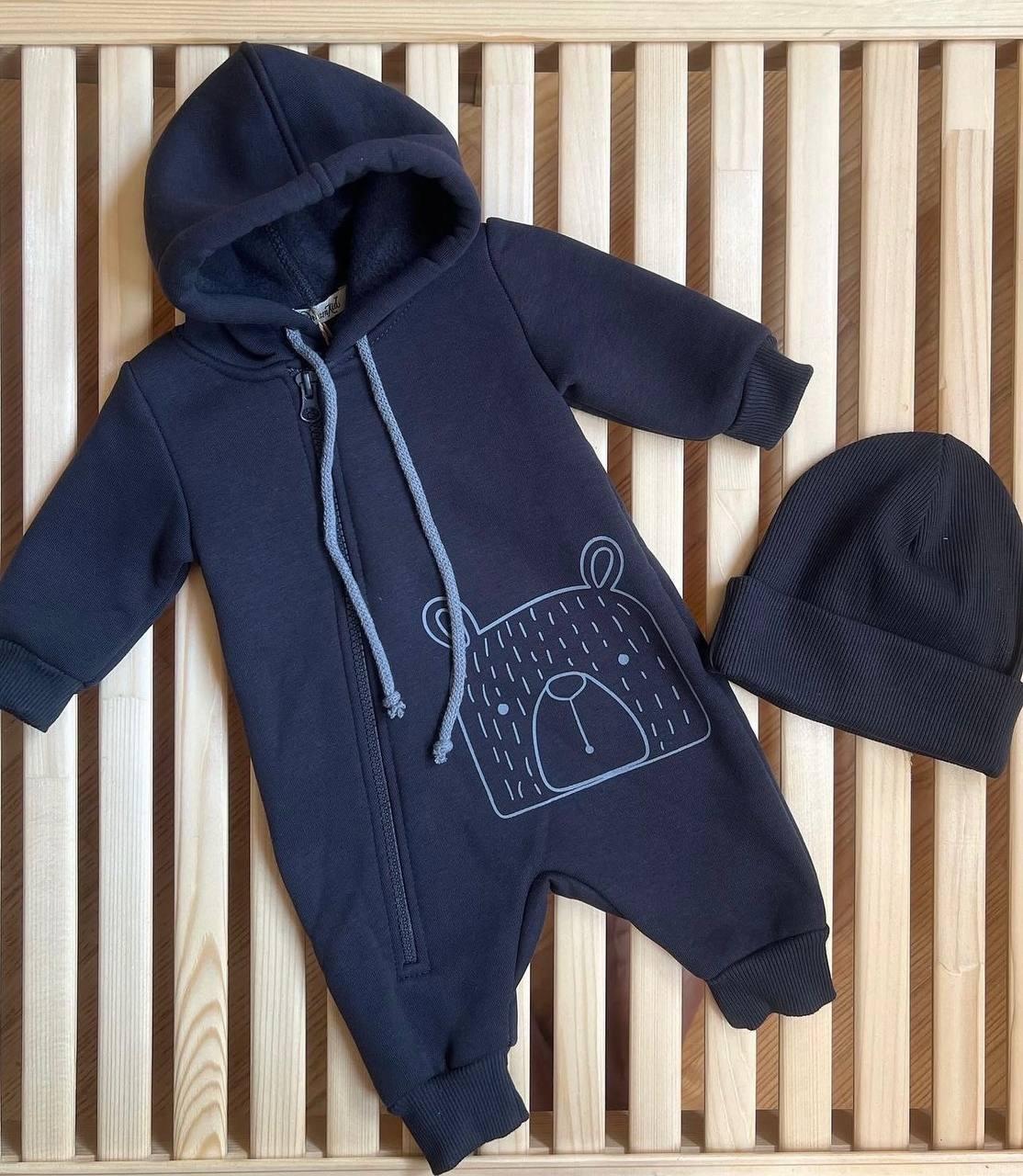 Комбинезон утепленный ромпер с шапочкой DreamKid 86 см Темный графит