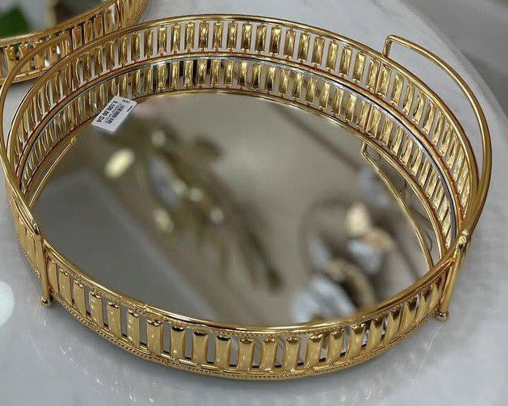 Піднос металевий ручної роботи з дзеркальною основою 25 см Золотий (80A)