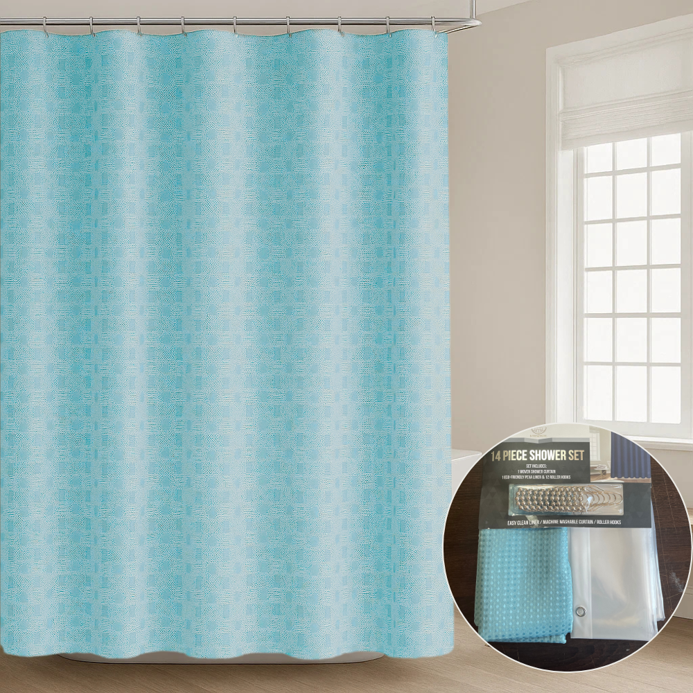 Набор шторка для ванной и двойная душа с подкладкой с крючками узор 178x183 см Голубой - фото 4
