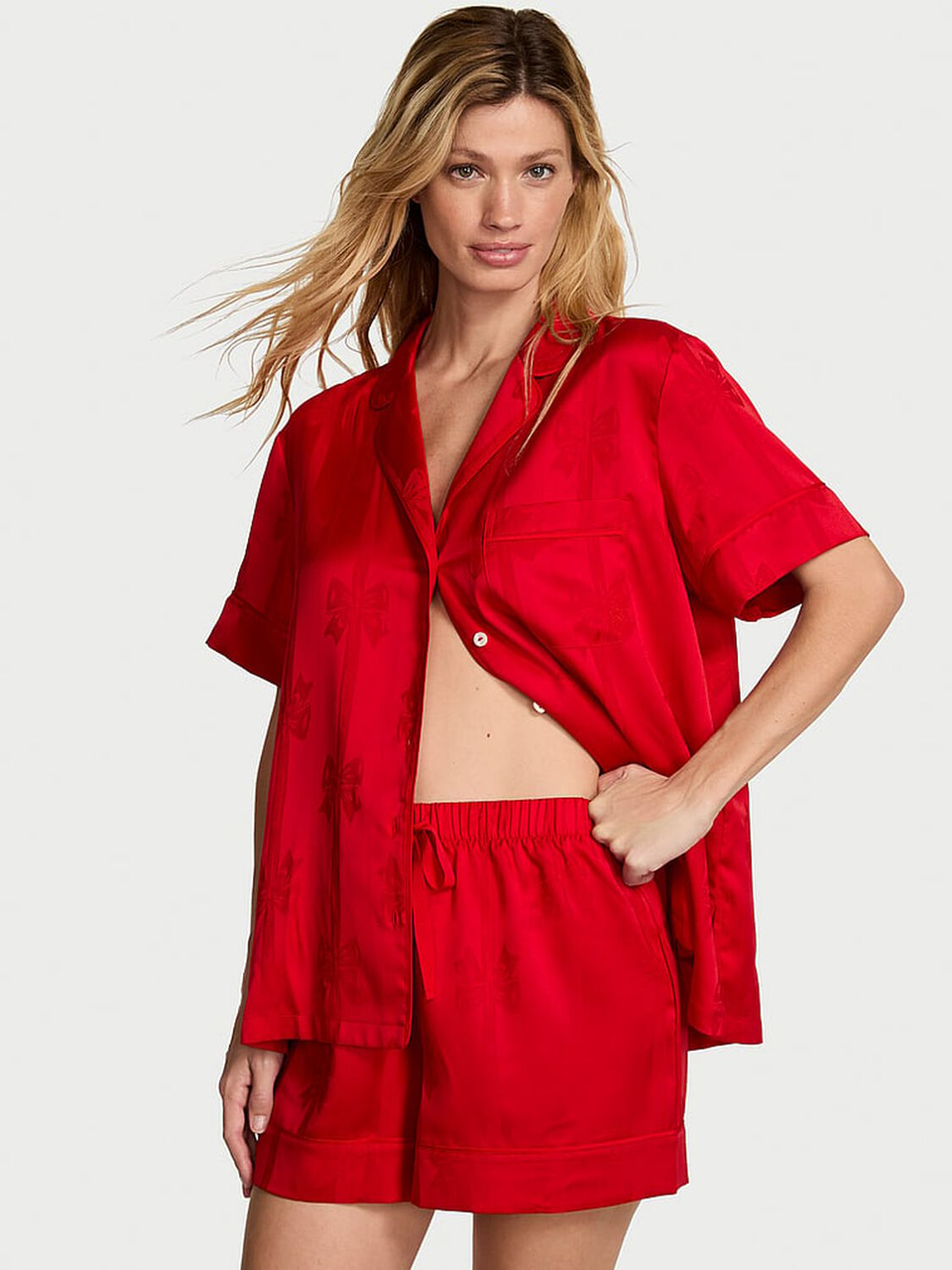 Пижама женская Victoria's Secret Glazed Satin Bow Short Pajama Set L Красный (3022601678)
