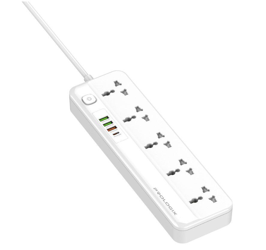 Мережевий фільтр-подовжувач PrologiX Premium PRSC5415W 5 розеток 4 USB PD+QC3.0+2 AUTO ID 2 м