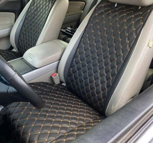 Накидка для авто из экокожи Премиум с двойной строкой 1 передняя Черный/Желтый