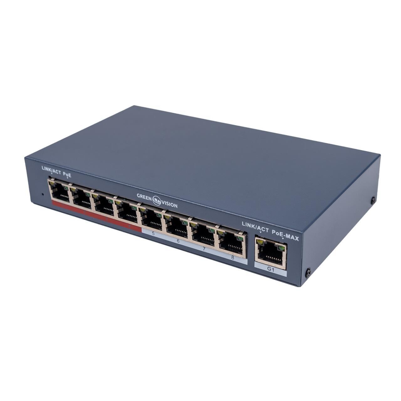 Комутатор GreenVision GV-018-AI-8+1PG 8FE PoE+ 1GE Uplink Black (33087793)
