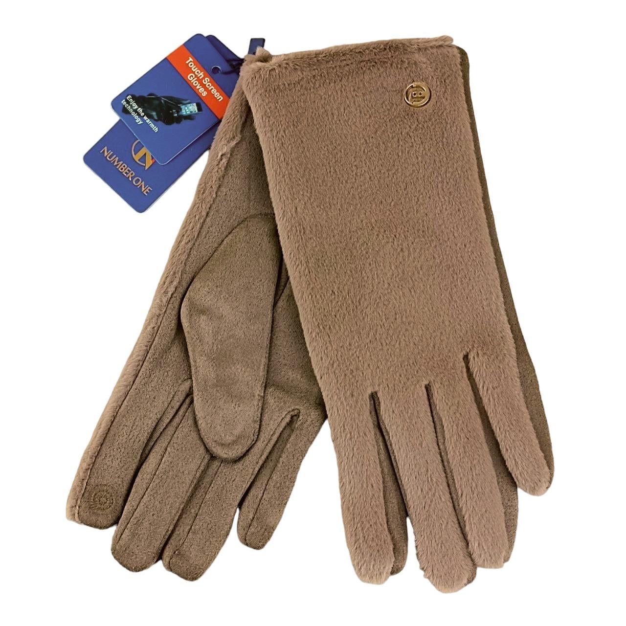 Перчатки женские сенсорные мех/велюр с пуговицей S-M Темно-бежевый (47175)