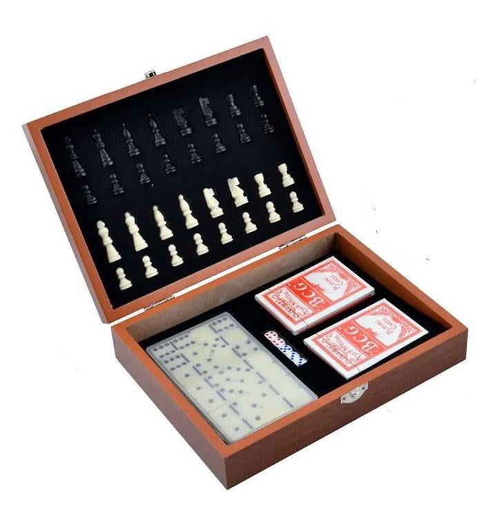 Игровой набор шахматы/домино/карты/кости в деревянной коробке 285х185х60 мм (2516D)