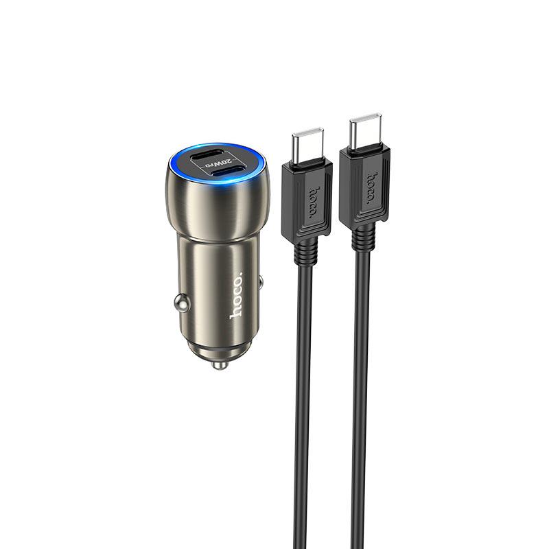 Адаптер автомобільний Hoco Type-C to Type-C Cable Tough dual port Car charger Z48 2Type-C 40 W 3 A PD/QC Grey (574119)