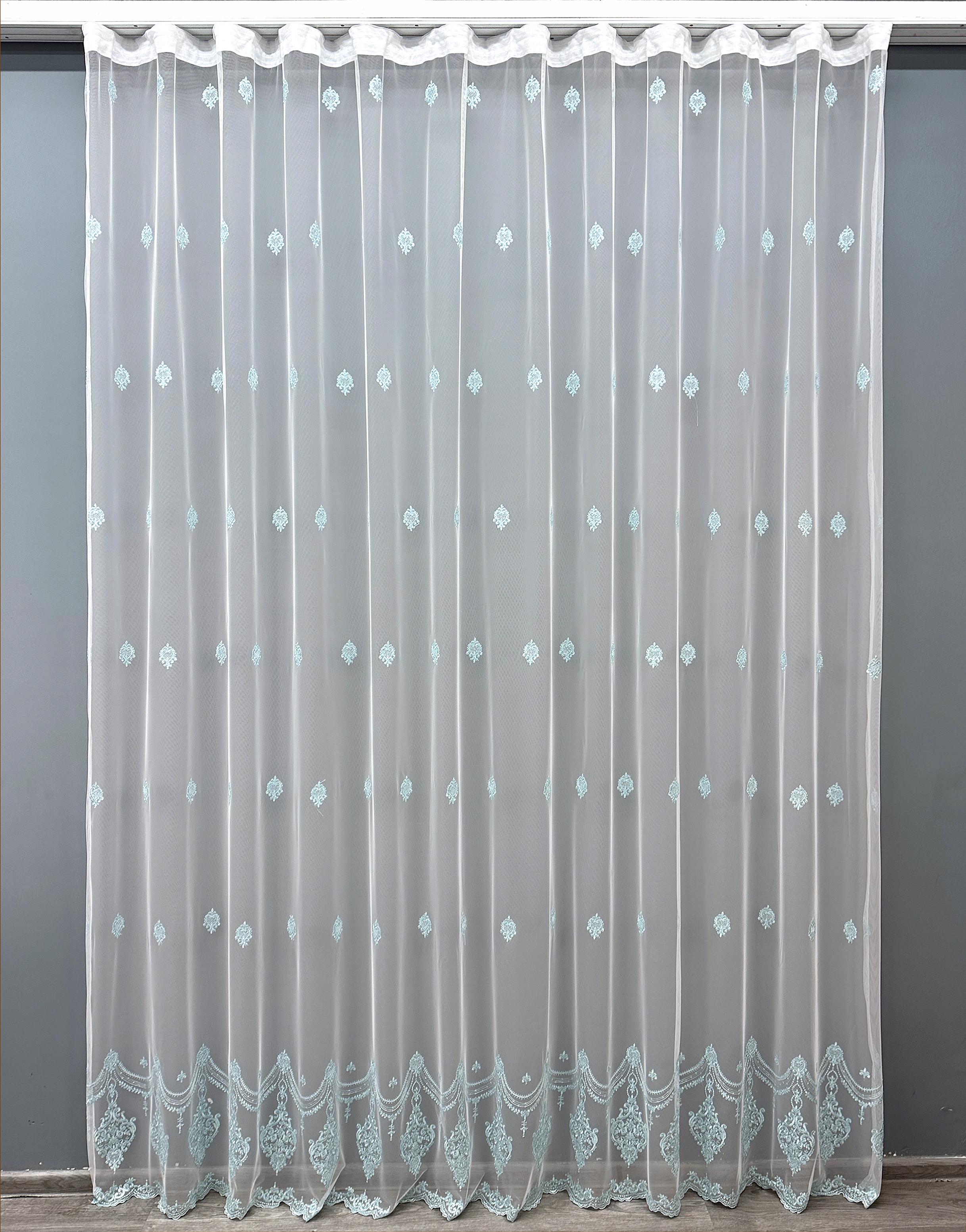 Тюль VR-Textil 1658т Грек-сітка з вишивкою та люрексом 300х270 см Молочний/Бірюзовий (42-0662)