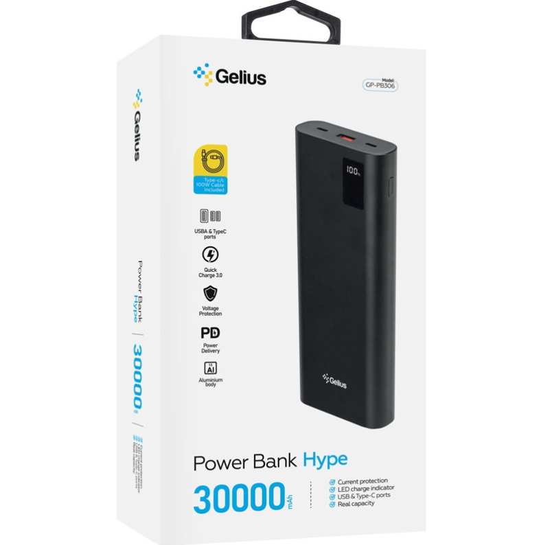 Повербанк Gelius Hype GP-PB306 30000 mAh QC/PD 100W кабель Type-C/Type-C 100W 1 м Black - фото 6 Повербанк Gelius Hype GP-PB306 30000 mAh QC/PD 100W кабель Type-C/Type-C 100W 1 м Black - фото 6