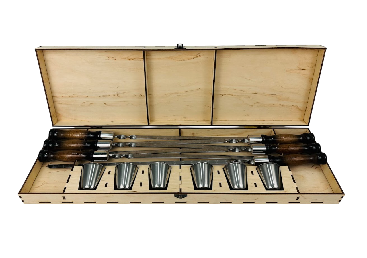 Набор шампуров ручной работы Вуд с рюмками на 12 предметов из нержавеющей стали в кейсе из фанеры Коричневый (124-10-NB-3003)